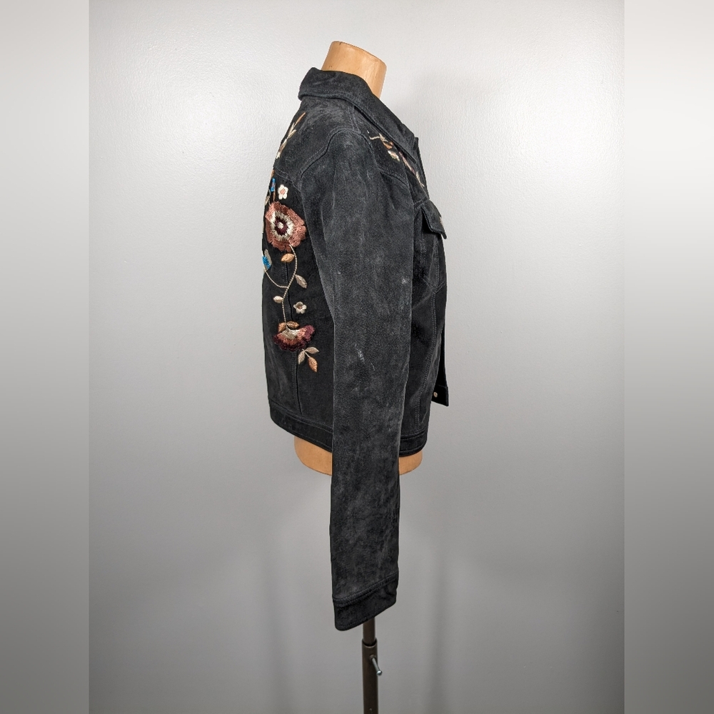 Brandon Thomas Suede Leather Jacket Womens Sz M Long Sleeve Button Floral Black - Picture 4 of 12